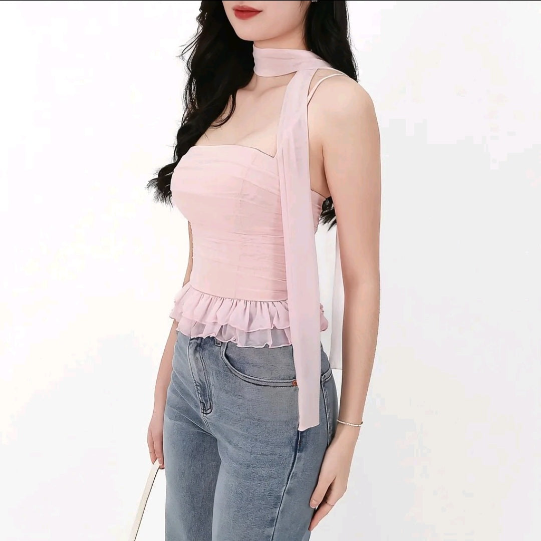 [BNWT] The Style Soiree Molly Mesh Peplum Top with Sash in Light Pink