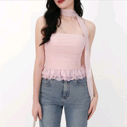 [BNWT] The Style Soiree Molly Mesh Peplum Top with Sash in Light Pink