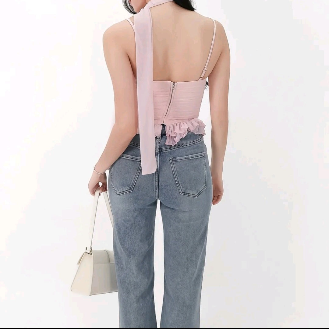 [BNWT] The Style Soiree Molly Mesh Peplum Top with Sash in Light Pink
